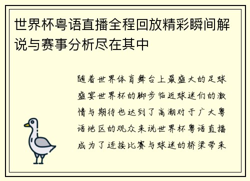 世界杯粤语直播全程回放精彩瞬间解说与赛事分析尽在其中